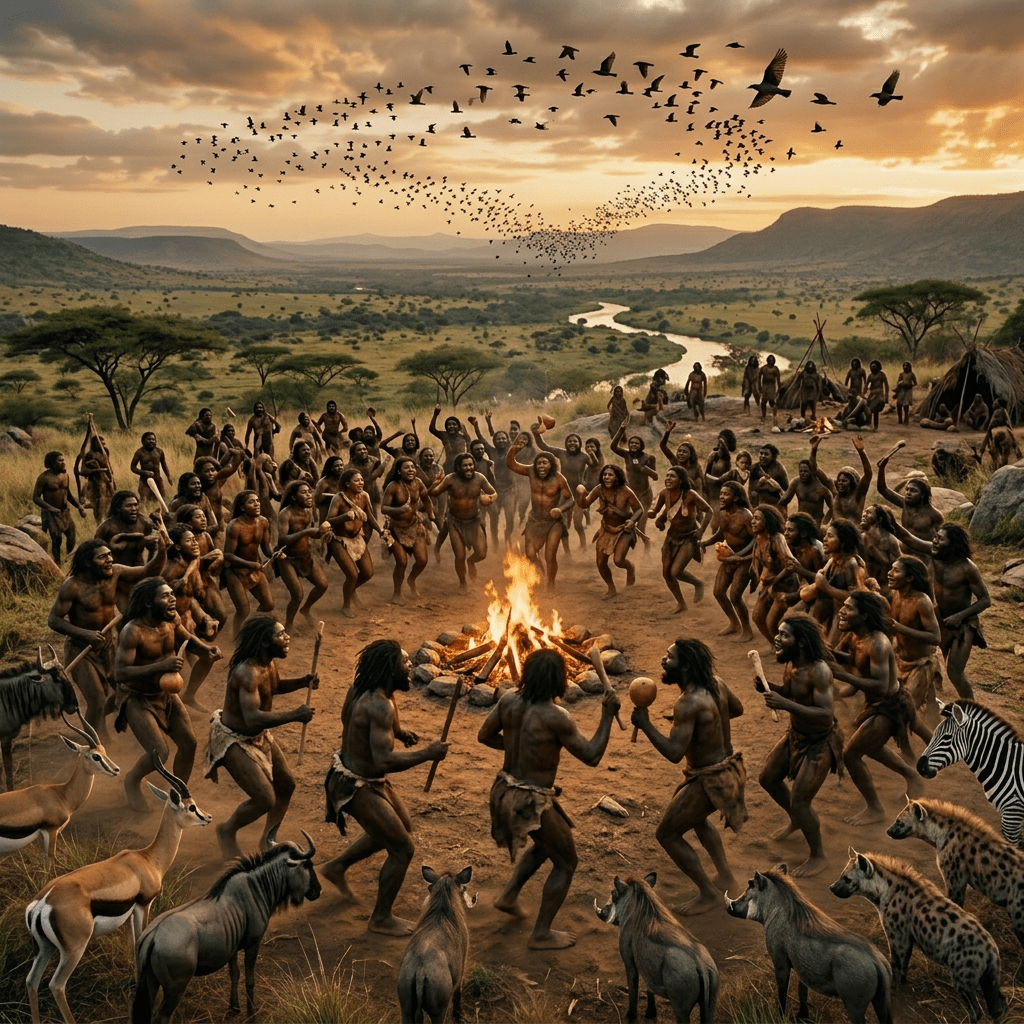 A tribal group dancing around a fire in the savannah at sunset